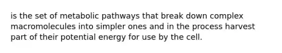 is the set of metabolic pathways that break down complex macromolecules into simpler ones and in the process harvest part of their potential energy for use by the cell.