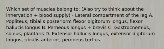 Which set of muscles belong to: (Also try to think about the innervation + blood supply) - Lateral compartment of the leg A. Popliteus, tibialis posteriorm flexor digitorum longus, flexor hallucis longus B. Perneous longus + brevis C. Gastrocnemius, soleus, plantaris D. Extensor hallucis longus, extensor digitorum longus, tibialis anterior, peroneus tertius