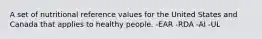 A set of nutritional reference values for the United States and Canada that applies to healthy people. -EAR -RDA -AI -UL