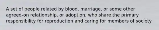 A set of people related by blood, marriage, or some other agreed-on relationship, or adoption, who share the primary responsibility for reproduction and caring for members of society