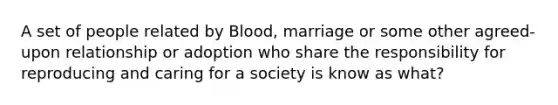 A set of people related by Blood, marriage or some other agreed-upon relationship or adoption who share the responsibility for reproducing and caring for a society is know as what?