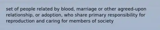 set of people related by blood, marriage or other agreed-upon relationship, or adoption, who share primary responsibility for reproduction and caring for members of society