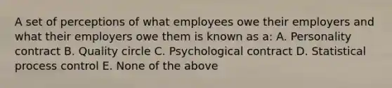 A set of perceptions of what employees owe their employers and what their employers owe them is known as a: A. Personality contract B. Quality circle C. Psychological contract D. Statistical process control E. None of the above