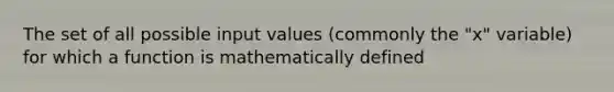 The set of all possible input values (commonly the "x" variable) for which a function is mathematically defined