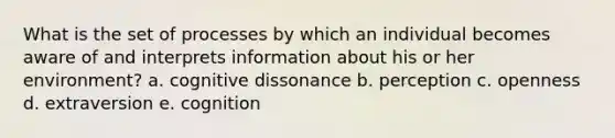 What is the set of processes by which an individual becomes aware of and interprets information about his or her environment? a. cognitive dissonance b. perception c. openness d. extraversion e. cognition