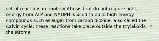 set of reactions in photosynthesis that do not require light; energy from ATP and NADPH is used to build high-energy compounds such as sugar from carbon dioxide; also called the Calvin cycle; these reactions take place outside the thylakoids, in the stroma