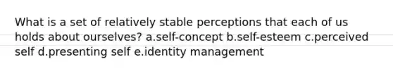 What is a set of relatively stable perceptions that each of us holds about ourselves? a.self-concept b.self-esteem c.perceived self d.presenting self e.identity management