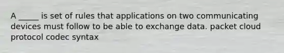 A _____ is set of rules that applications on two communicating devices must follow to be able to exchange data. packet cloud protocol codec syntax