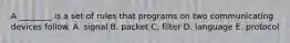 A​ ________ is a set of rules that programs on two communicating devices follow. A. signal B. packet C. filter D. language E. protocol