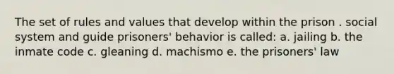 The set of rules and values that develop within the prison . social system and guide prisoners' behavior is called: a. jailing b. the inmate code c. gleaning d. machismo e. the prisoners' law