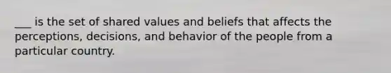 ___ is the set of shared values and beliefs that affects the perceptions, decisions, and behavior of the people from a particular country.