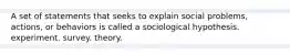 A set of statements that seeks to explain social problems, actions, or behaviors is called a sociological hypothesis. experiment. survey. theory.