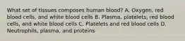 What set of tissues composes human blood? A. Oxygen, red blood cells, and white blood cells B. Plasma, platelets, red blood cells, and white blood cells C. Platelets and red blood cells D. Neutrophils, plasma, and proteins