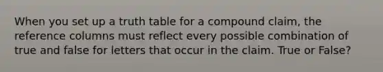 When you set up a truth table for a compound claim, the reference columns must reflect every possible combination of true and false for letters that occur in the claim. True or False?