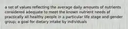 a set of values reflecting the average daily amounts of nutrients considered adequate to meet the known nutrient needs of practically all healthy people in a particular life stage and gender group; a goal for dietary intake by individuals