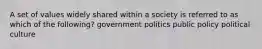 A set of values widely shared within a society is referred to as which of the following? government politics public policy political culture