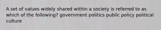 A set of values widely shared within a society is referred to as which of the following? government politics public policy political culture