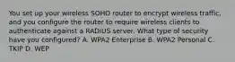 You set up your wireless SOHO router to encrypt wireless traffic, and you configure the router to require wireless clients to authenticate against a RADIUS server. What type of security have you configured? A. WPA2 Enterprise B. WPA2 Personal C. TKIP D. WEP