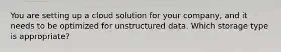 You are setting up a cloud solution for your company, and it needs to be optimized for unstructured data. Which storage type is appropriate?