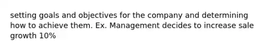 setting goals and objectives for the company and determining how to achieve them. Ex. Management decides to increase sale growth 10%