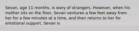 Sevan, age 11 months, is wary of strangers. However, when his mother sits on the floor, Sevan ventures a few feet away from her for a few minutes at a time, and then returns to her for emotional support. Sevan is