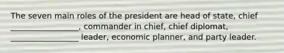 The seven main roles of the president are head of state, chief _________________, commander in chief, chief diplomat, _________________ leader, economic planner, and party leader.