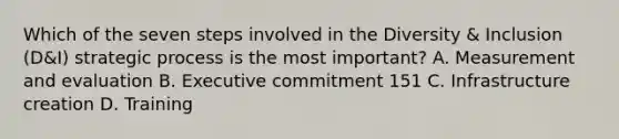 Which of the seven steps involved in the Diversity & Inclusion (D&I) strategic process is the most important? A. Measurement and evaluation B. Executive commitment 151 C. Infrastructure creation D. Training