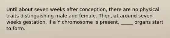 Until about seven weeks after conception, there are no physical traits distinguishing male and female. Then, at around seven weeks gestation, if a Y chromosome is present, _____ organs start to form.