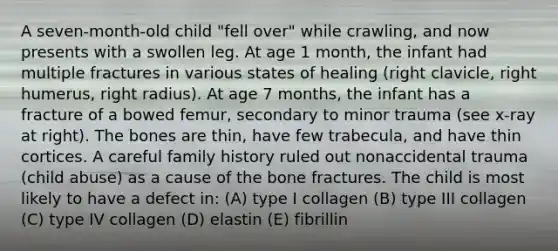 A seven-month-old child "fell over" while crawling, and now presents with a swollen leg. At age 1 month, the infant had multiple fractures in various states of healing (right clavicle, right humerus, right radius). At age 7 months, the infant has a fracture of a bowed femur, secondary to minor trauma (see x-ray at right). The bones are thin, have few trabecula, and have thin cortices. A careful family history ruled out nonaccidental trauma (child abuse) as a cause of the bone fractures. The child is most likely to have a defect in: (A) type I collagen (B) type III collagen (C) type IV collagen (D) elastin (E) fibrillin