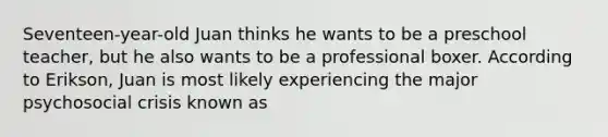 Seventeen-year-old Juan thinks he wants to be a preschool teacher, but he also wants to be a professional boxer. According to Erikson, Juan is most likely experiencing the major psychosocial crisis known as