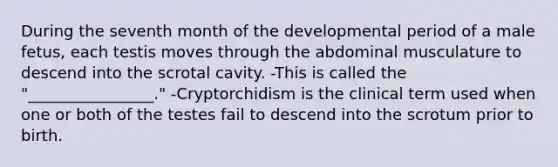 During the seventh month of the developmental period of a male fetus, each testis moves through the abdominal musculature to descend into the scrotal cavity. -This is called the "________________." -Cryptorchidism is the clinical term used when one or both of the testes fail to descend into the scrotum prior to birth.