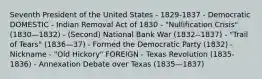 Seventh President of the United States - 1829-1837 - Democratic DOMESTIC - Indian Removal Act of 1830 - "Nullification Crisis" (1830—1832) - (Second) National Bank War (1832--1837) - "Trail of Tears" (1836—37) - Formed the Democratic Party (1832) - Nickname - "Old Hickory" FOREIGN - Texas Revolution (1835-1836) - Annexation Debate over Texas (1835—1837)