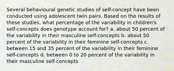 Several behavioural genetic studies of self-concept have been conducted using adolescent twin pairs. Based on the results of these studies, what percentage of the variability in children's self-concepts does genotype account for? a. about 50 percent of the variability in their masculine self-concepts b. about 50 percent of the variability in their feminine self-concepts c. between 15 and 35 percent of the variability in their feminine self-concepts d. between 0 to 20 percent of the variability in their masculine self-concepts