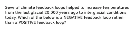 Several climate feedback loops helped to increase temperatures from the last glacial 20,000 years ago to interglacial conditions today. Which of the below is a NEGATIVE feedback loop rather than a POSITIVE feedback loop?