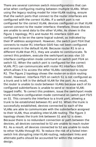 There are several common switch misconfigurations that can arise when configuring routing between multiple VLANs. When using the legacy routing model for inter-VLAN routing, ensure that the switch ports that connect to the router interfaces are configured with the correct VLANs. If a switch port is not configured for the correct VLAN, devices configured on that VLAN cannot connect to the router interface; therefore, those devices are unable to send data to the other VLANs. As shown in the Figure 1 topology, PC1 and router R1 interface G0/0 are configured to be on the same logical subnet, as indicated by their IP address assignment. However, the switch port F0/4 that connects to router R1 interface G0/0 has not been configured and remains in the default VLAN. Because router R1 is on a different VLAN than PC1, they are unable to communicate. To correct this problem, execute the switchport access vlan 10 interface configuration mode command on switch port F0/4 on switch S1. When the switch port is configured for the correct VLAN, PC1 can communicate with router R1 interface G0/0, which allows it to access the other VLANs connected to router R1. The Figure 2 topology shows the router-on-a-stick routing model. However, interface F0/5 on switch S1 is not configured as a trunk and is left in the default VLAN for the port. As a result, the router is unable to route between VLANs because each of its configured subinterfaces is unable to send or receive VLAN-tagged traffic. To correct this problem, issue the switchport mode trunk interface configuration mode command on switch port F0/5 on S1. This converts the interface to a trunk port, allowing a trunk to be established between R1 and S1. When the trunk is successfully established, devices connected to each of the VLANs are able to communicate with the subinterface assigned to their VLAN, thus enabling inter-VLAN routing. The Figure 3 topology shows the trunk link between S1 and S2 is down. Because there is no redundant connection or path between the devices, all devices connected to S2 are unable to reach router R1. As a result, all devices connected to S2 are unable to route to other VLANs through R1. To reduce the risk of a failed inter-switch link disrupting inter-VLAN routing, redundant links and alternate paths should be accounted for within the network design.