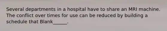 Several departments in a hospital have to share an MRI machine. The conflict over times for use can be reduced by building a schedule that Blank______.