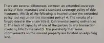 There are several differences between an extended coverage policy of title insurance and a standard coverage policy of title insurance. Which of the following is insured under the extended policy, but not under the standard policy? A. The results of a forged deed in the chain title B. Detrimental zoning ordinances C. The lack of capacity of one of the parties to any transaction involving title to the land D. The possibility that some improvements on the insured property are located on adjoining land