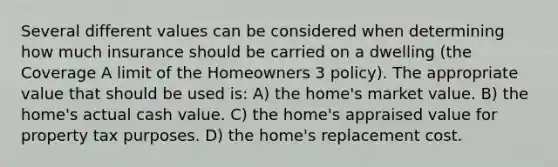 Several different values can be considered when determining how much insurance should be carried on a dwelling (the Coverage A limit of the Homeowners 3 policy). The appropriate value that should be used is: A) the home's market value. B) the home's actual cash value. C) the home's appraised value for property tax purposes. D) the home's replacement cost.