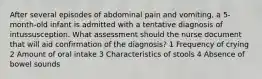 After several episodes of abdominal pain and vomiting, a 5-month-old infant is admitted with a tentative diagnosis of intussusception. What assessment should the nurse document that will aid confirmation of the diagnosis? 1 Frequency of crying 2 Amount of oral intake 3 Characteristics of stools 4 Absence of bowel sounds