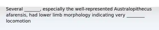 Several _______, especially the well-represented Australopithecus afarensis, had lower limb morphology indicating very ________ locomotion