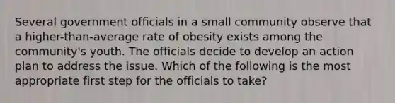 Several government officials in a small community observe that a higher-than-average rate of obesity exists among the community's youth. The officials decide to develop an action plan to address the issue. Which of the following is the most appropriate first step for the officials to take?