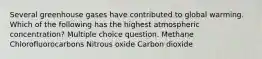 Several greenhouse gases have contributed to global warming. Which of the following has the highest atmospheric concentration? Multiple choice question. Methane Chlorofluorocarbons Nitrous oxide Carbon dioxide