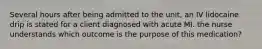 Several hours after being admitted to the unit, an IV lidocaine drip is stated for a client diagnosed with acute MI. the nurse understands which outcome is the purpose of this medication?