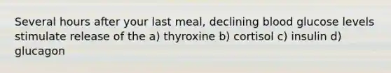 Several hours after your last meal, declining blood glucose levels stimulate release of the a) thyroxine b) cortisol c) insulin d) glucagon