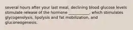 several hours after your last meal, declining blood glucose levels stimulate release of the hormone ___________, which stimulates glycogenolysis, lipolysis and fat mobilization, and gluconeogenesis.