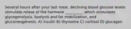 Several hours after your last meal, declining blood glucose levels stimulate relase of the hormone _________, which stimulates glycogenolysis, lipolysis and fat mobilization, and gluconeogenesis. A) insulin B) thyroxine C) cortisol D) glucagon