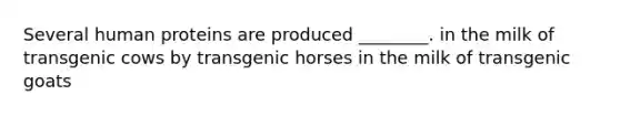 Several human proteins are produced ________. in the milk of transgenic cows by transgenic horses in the milk of transgenic goats