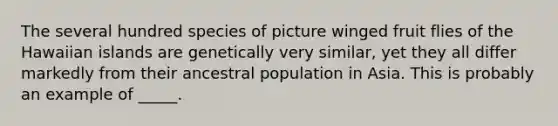 The several hundred species of picture winged fruit flies of the Hawaiian islands are genetically very similar, yet they all differ markedly from their ancestral population in Asia. This is probably an example of _____.