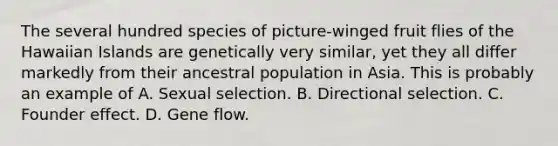 The several hundred species of picture-winged fruit flies of the Hawaiian Islands are genetically very similar, yet they all differ markedly from their ancestral population in Asia. This is probably an example of A. Sexual selection. B. Directional selection. C. Founder effect. D. Gene flow.