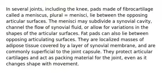 In several joints, including the knee, pads made of fibrocartilage called a meniscus, plural = menisci, lie between the opposing articular surfaces. The menisci may subdivide a synovial cavity, channel the flow of synovial fluid, or allow for variations in the shapes of the articular surfaces. Fat pads can also lie between opposing articulating surfaces. They are localized masses of adipose tissue covered by a layer of synovial membrane, and are commonly superficial to the joint capsule. They protect articular cartilages and act as packing material for the joint, even as it changes shape with movement.